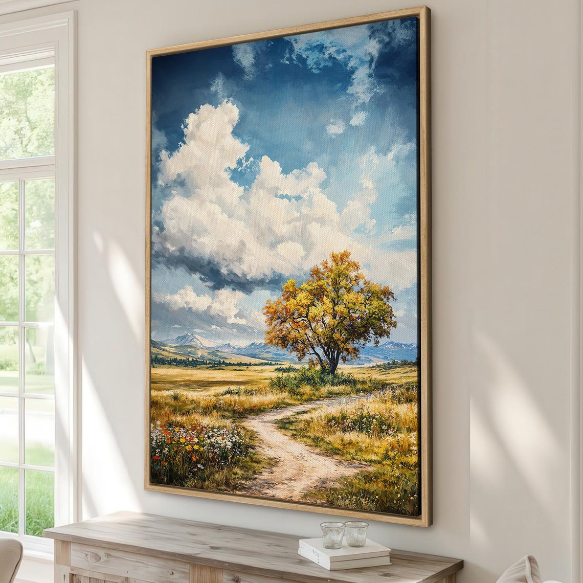 Winding Country Road Through Meadow With Dramatic Golden Tree Poster