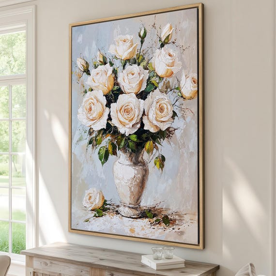 Vintage Floral Art With Elegant White Roses Framed Canvas Print Rustic Wall Fine Botanical Decor Ready To Hang Gift For Her