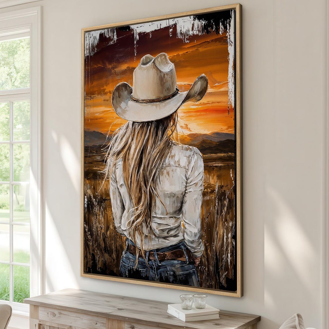 Cowgirl at Sunset Back View White Hat Western Ranch Art Poster