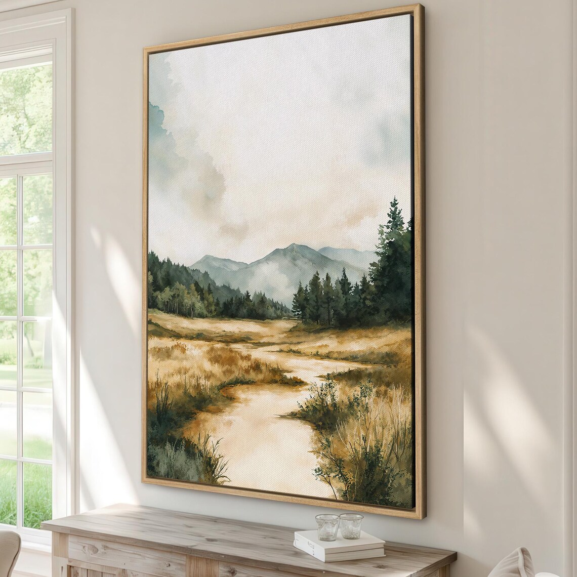 Watercolor Mountain Valley Golden Meadow Pines Misty Art Print