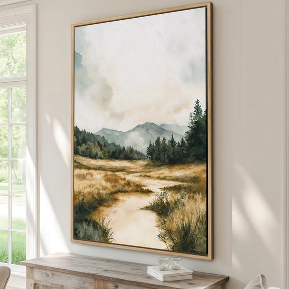 Watercolor Landscape Framed Canvas Print Serene And Rustic Wall Art With Mountains Trees Calm Scenery Living Room Decor Gift For Mom