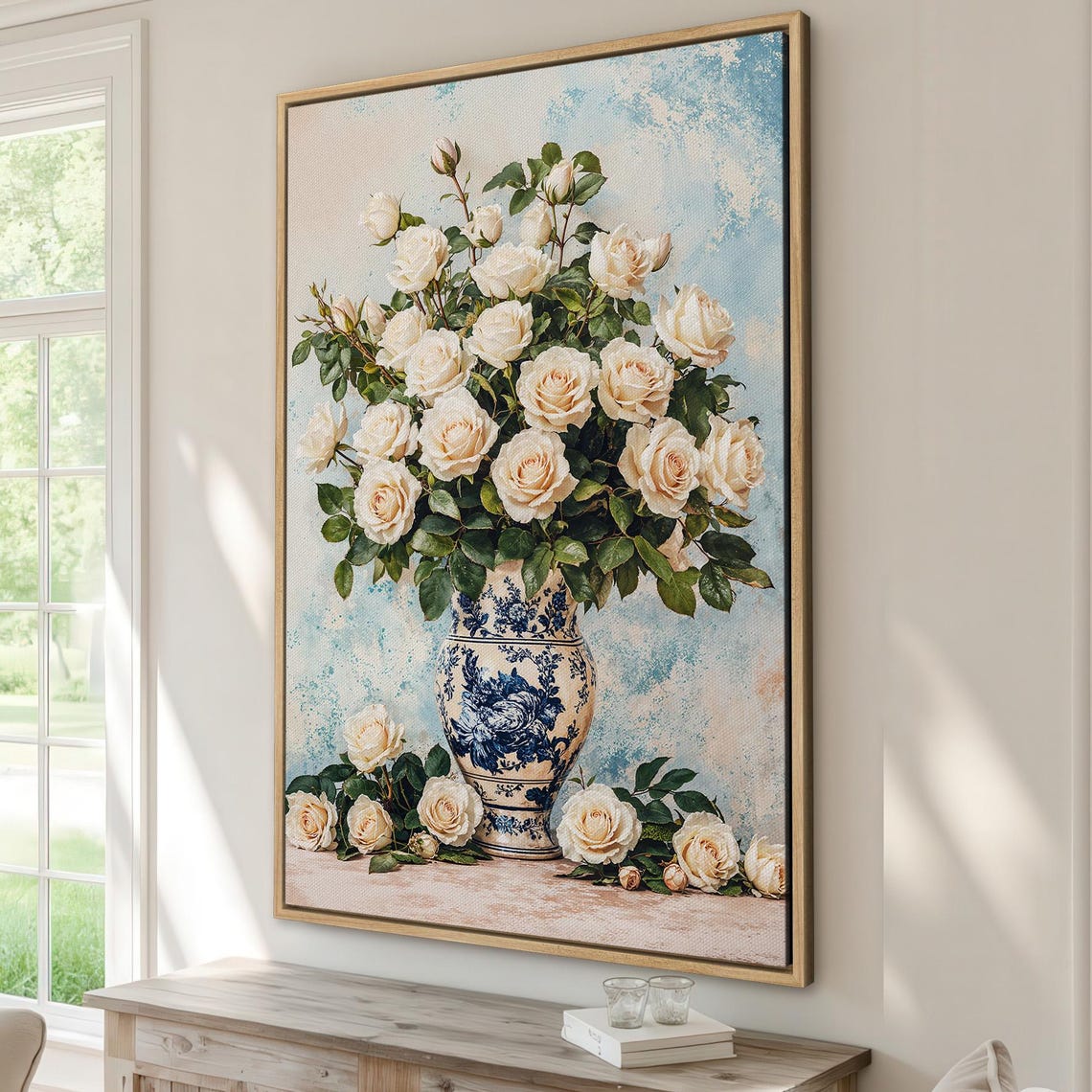 White Roses Delft Porcelain Vase Vintage Floral Still Life Poster