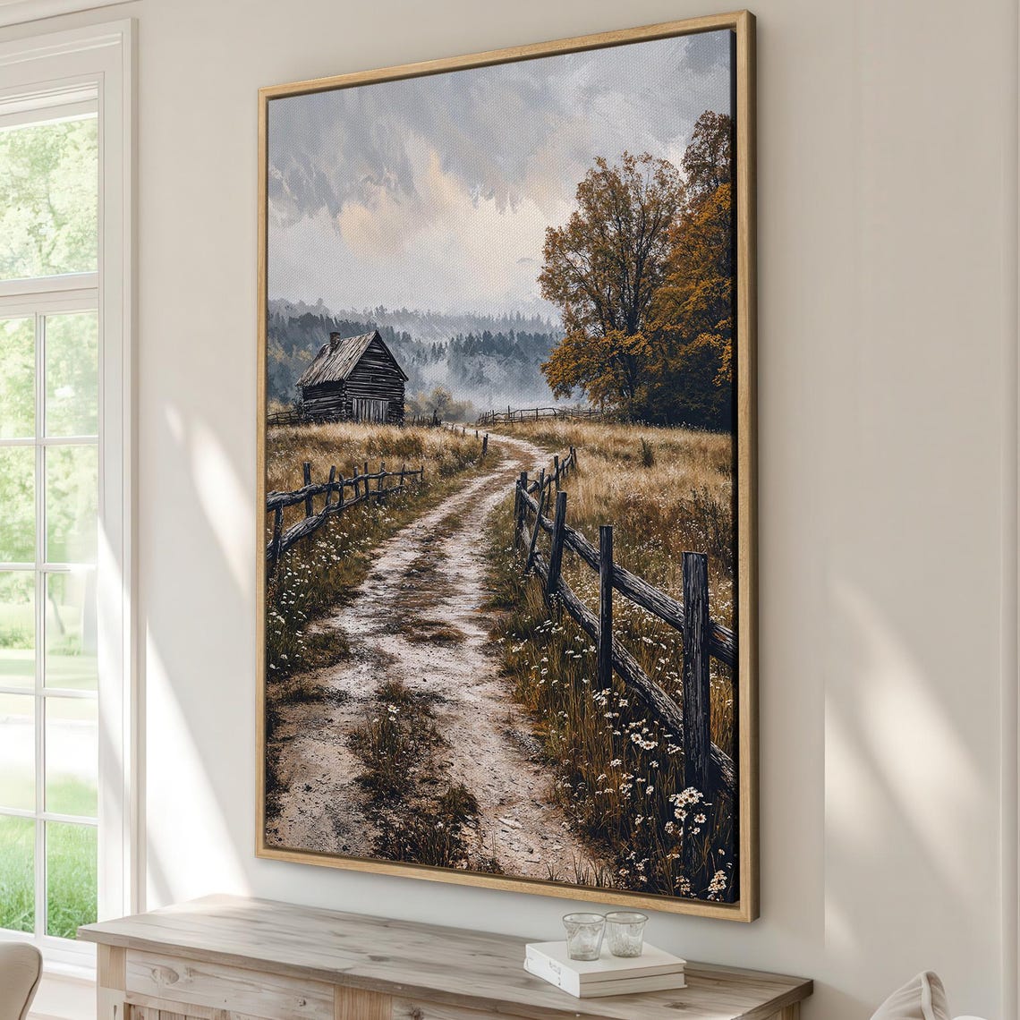 Old Log Barn On A Misty Autumn Farm Road Fences Rustic Poster