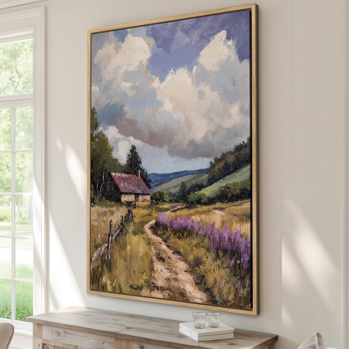 Serene Country Cabin Landscape Purple Wildflower Meadow Path Poster
