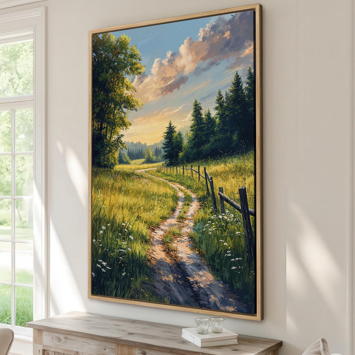 Country Path Between Meadow And Tall Pine Forest Summer Poster