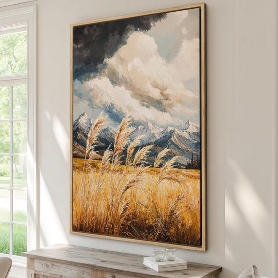 Majestic Mountain Peaks And Wheat Field Framed Canvas Print Rustic Wall Art Living Room Decor Landscape Painting Ready To Hang Gift