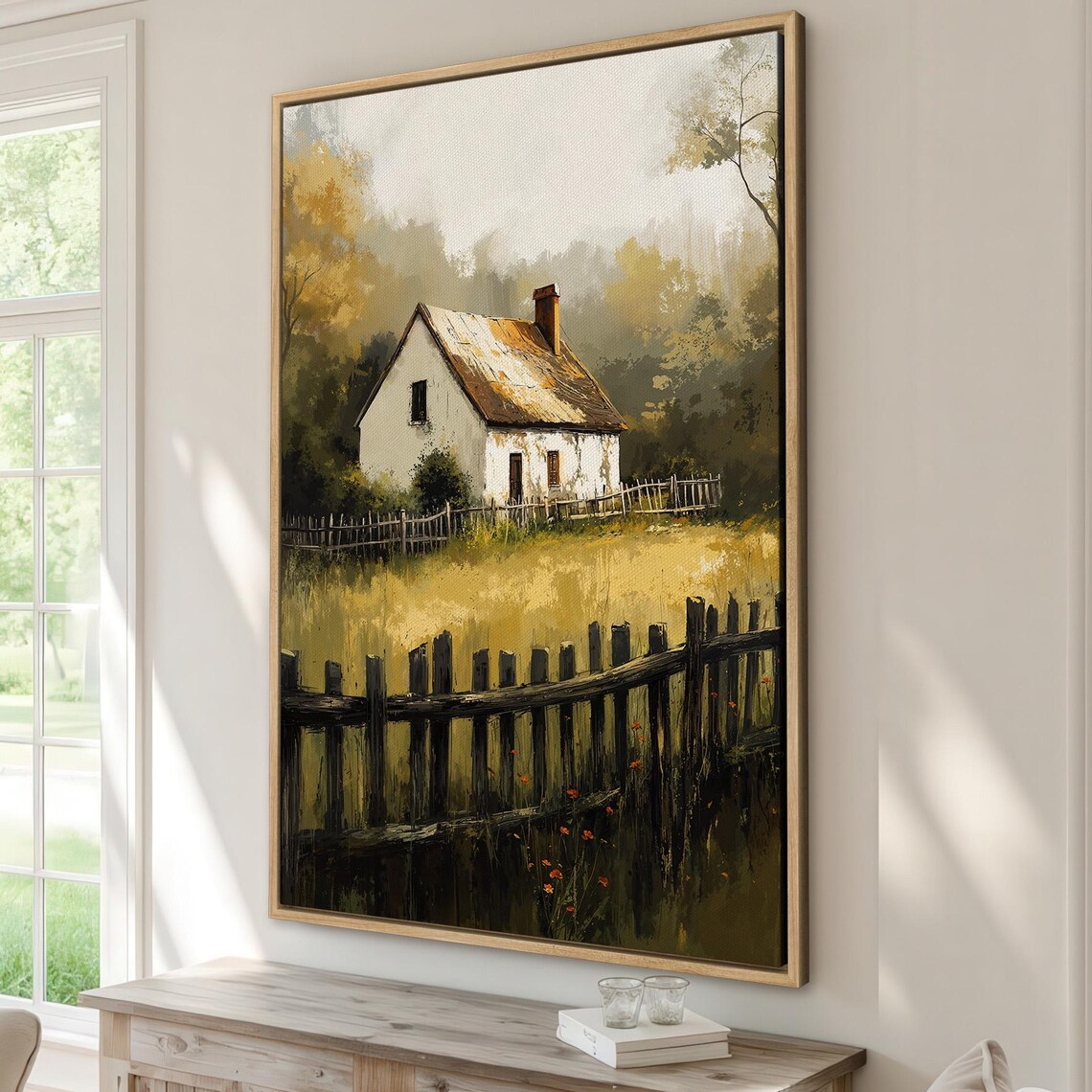 White Country Cottage Golden Field Vintage Farmhouse Landscape Poster