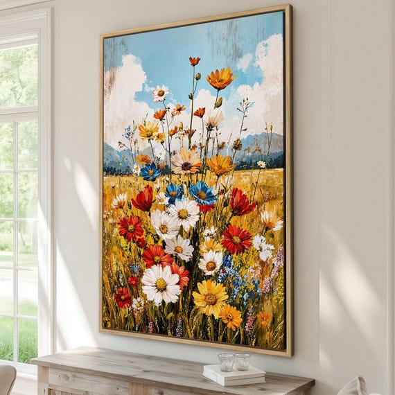 Bright Floral Framed Canvas Print Rustic Wall Art Countryside Flower Painting Botanical Summer Home Decor Ready To Hang