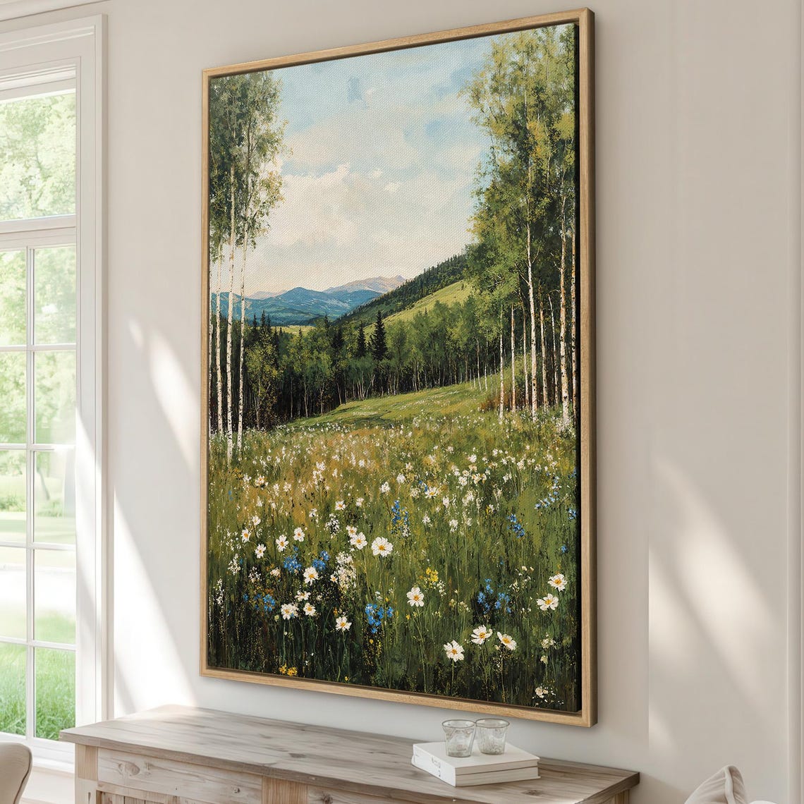 Wildflower Meadow Birch Trees Mountain Spring Landscape Poster