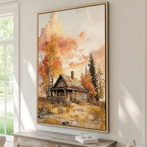 Autumn Log Cabin In Golden Birch Forest Sunset Canvas Art Print