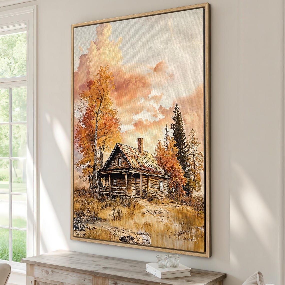 Autumn Log Cabin In Golden Birch Forest Sunset Canvas Art Print