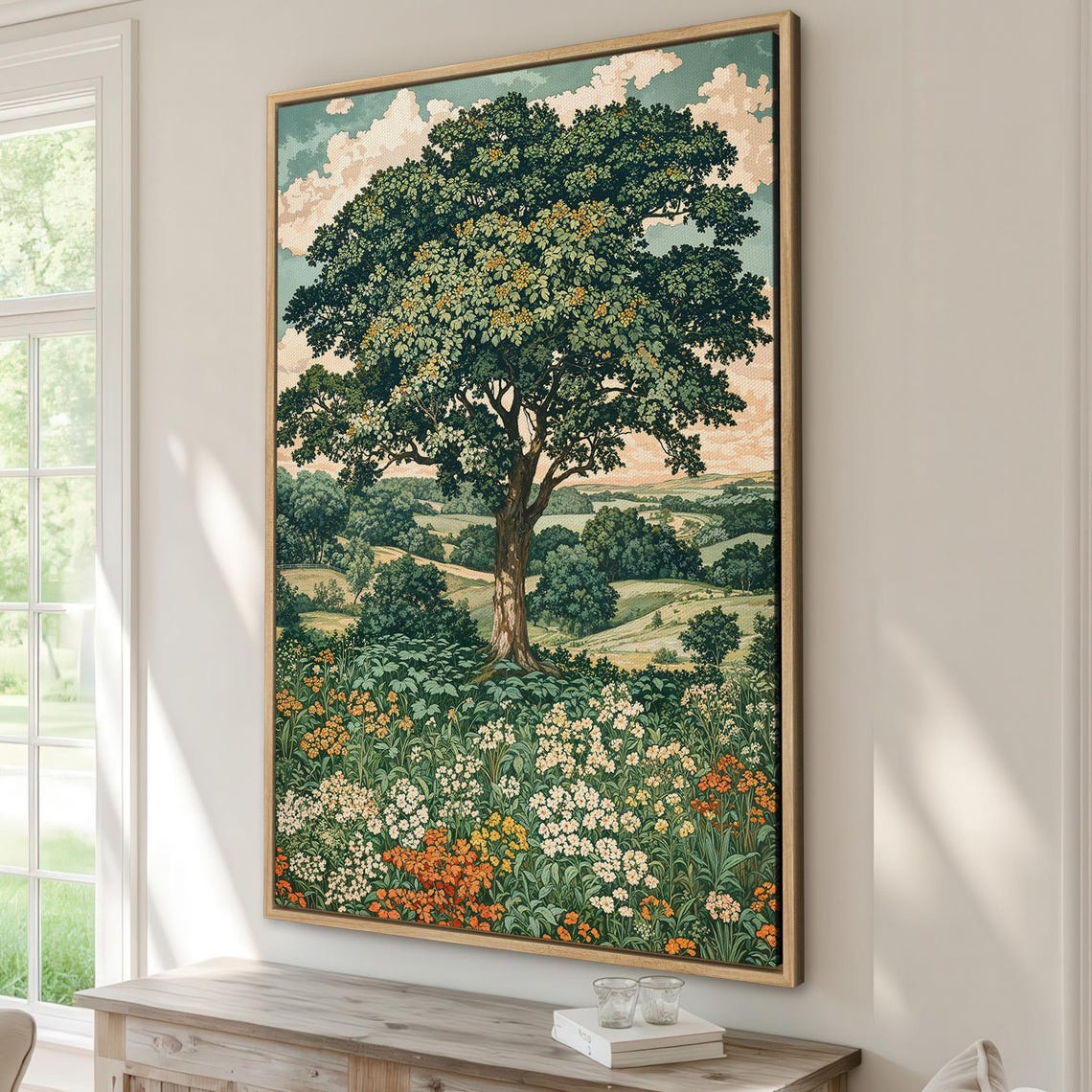 Rustic Tree And Countryside Framed Print Country Art Peaceful Landscape Nature Art Print Village Decor Ready To Hang Gift
