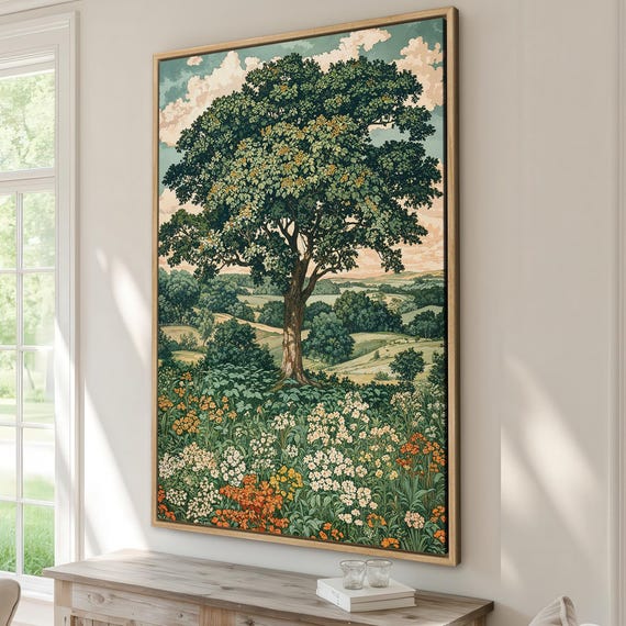 Rustic Tree And Countryside Framed Print Country Art Peaceful Landscape Nature Art Print Village Decor Ready To Hang Gift