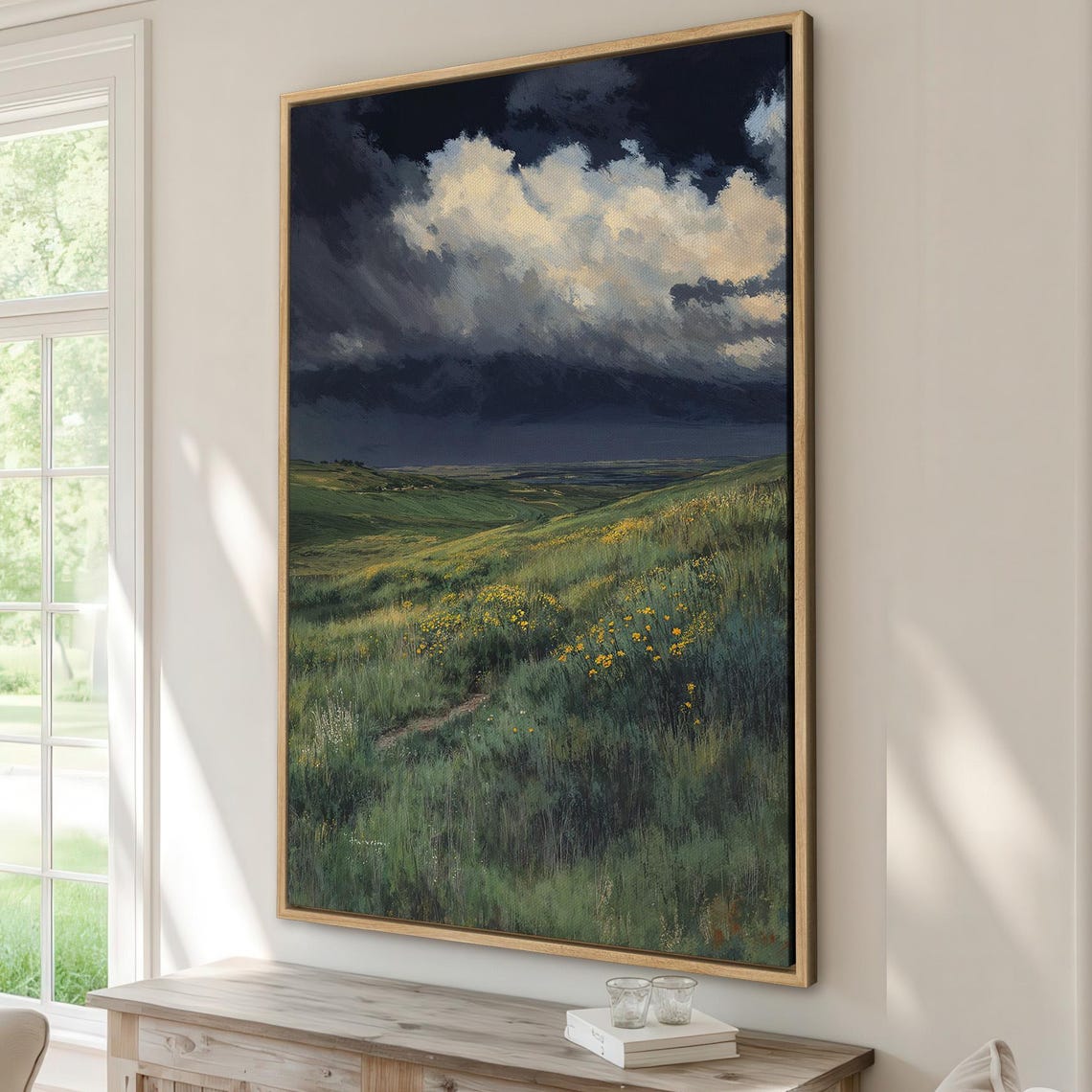 Dramatic Storm Clouds Over Rolling Green Hills Landscape Canvas Print