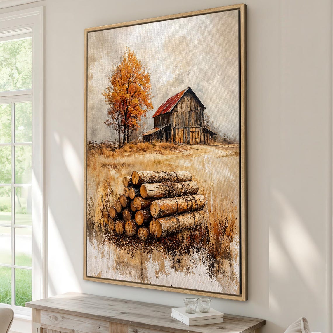 Rustic Autumn Barn With Stacked Firewood Logs Painting Poster