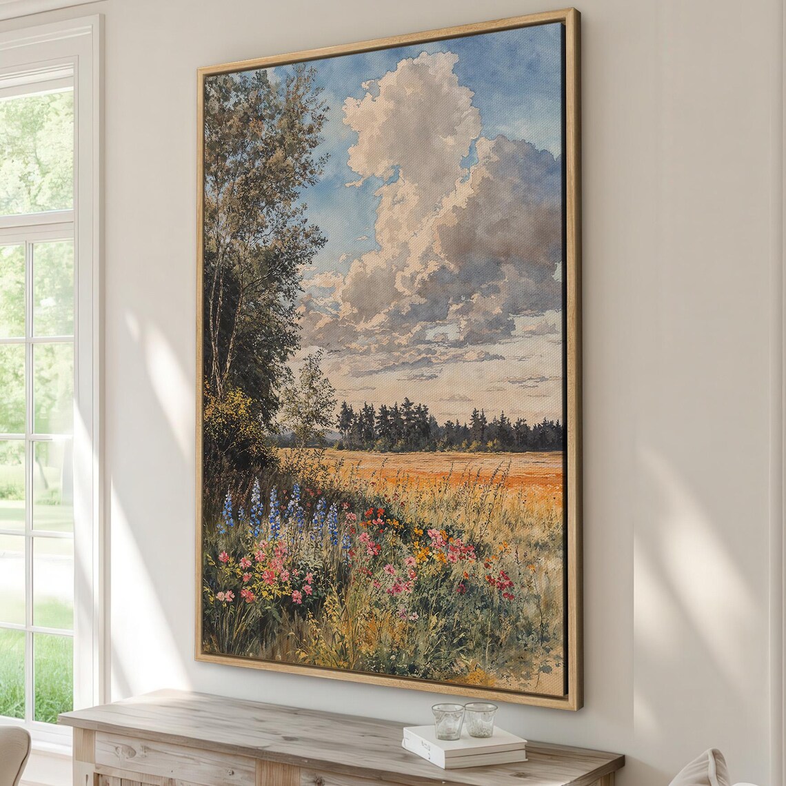 Vibrant Wildflower Meadow Watercolor Dramatic Cloud Landscape Poster