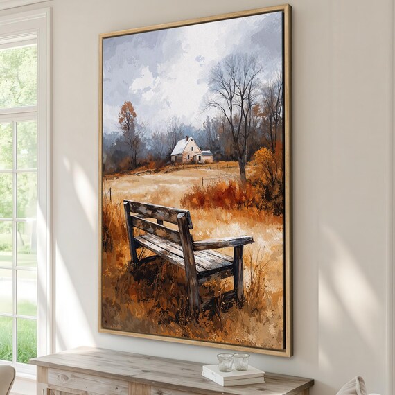 Autumn Farmhouse With Weathered Wooden Bench Rustic Fall Poster