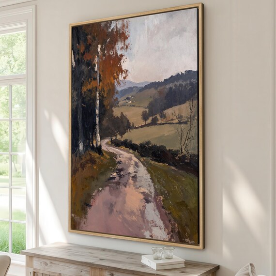 Autumn Birch Forest Trail Golden Hills Rustic Landscape Poster
