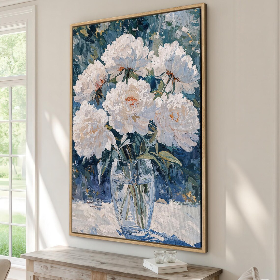 White Peony Bouquet in Glass Vase Impasto Floral Painting Poster