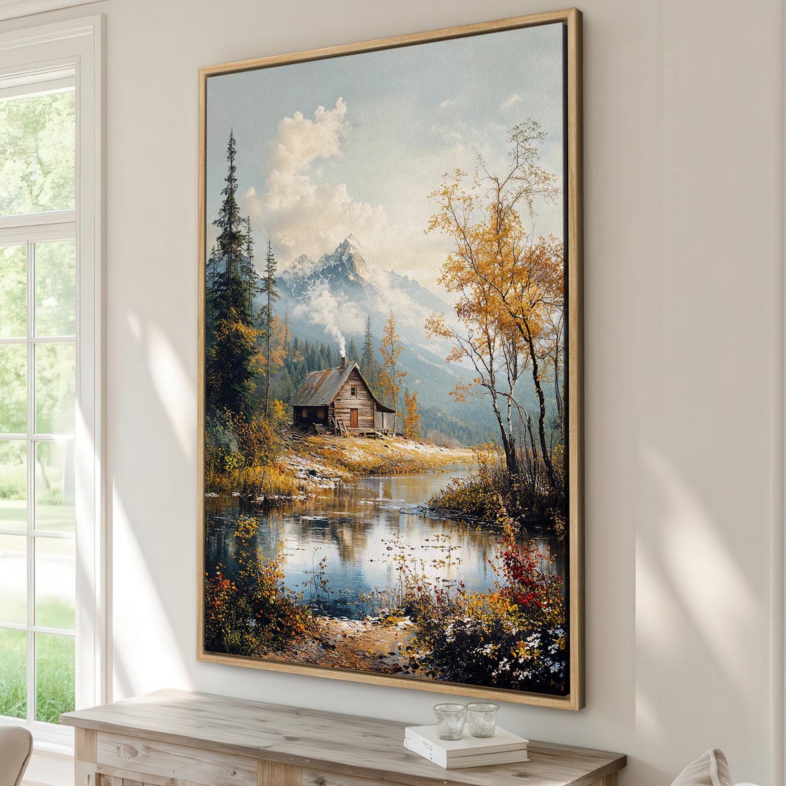 Autumn Log Cabin By Still Mountain Lake Reflections Poster Artwork
