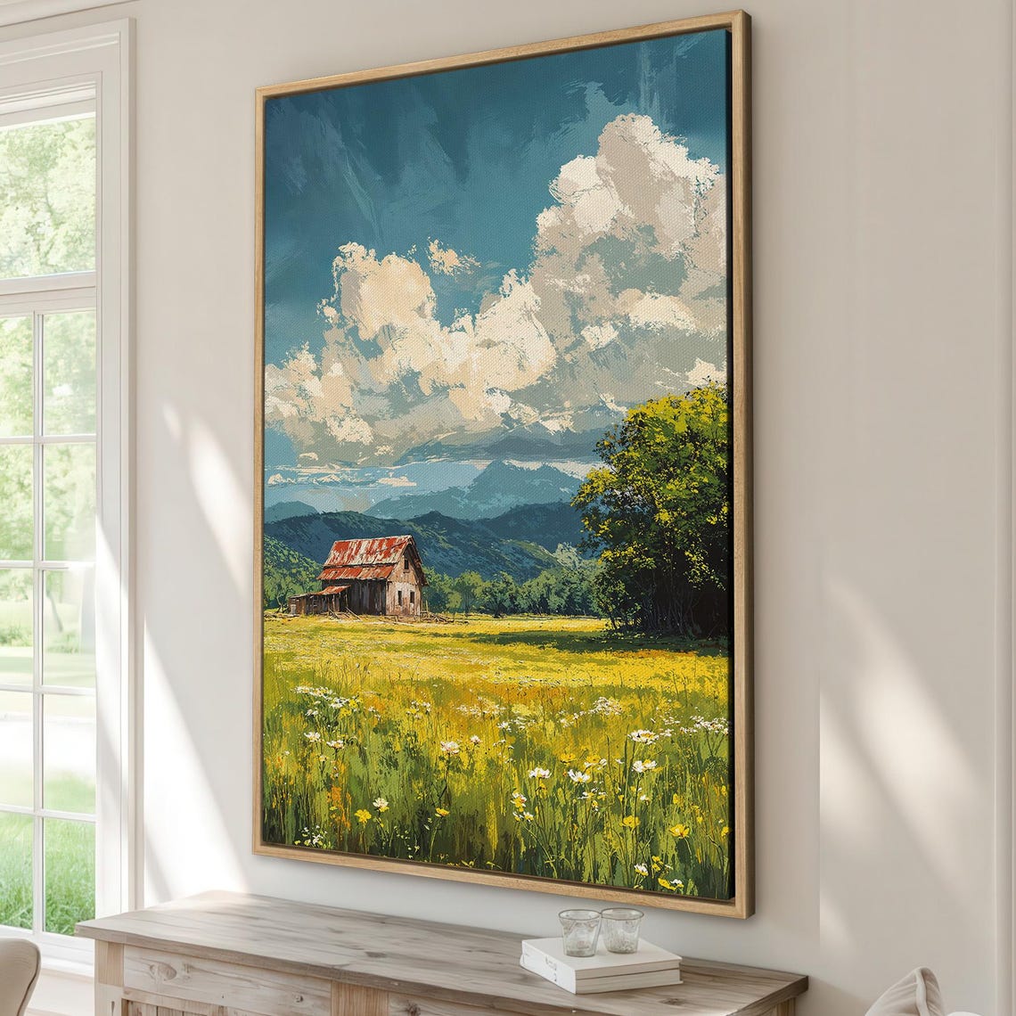 Rustic Red Barn in Blooming Meadow Mountain Landscape Poster
