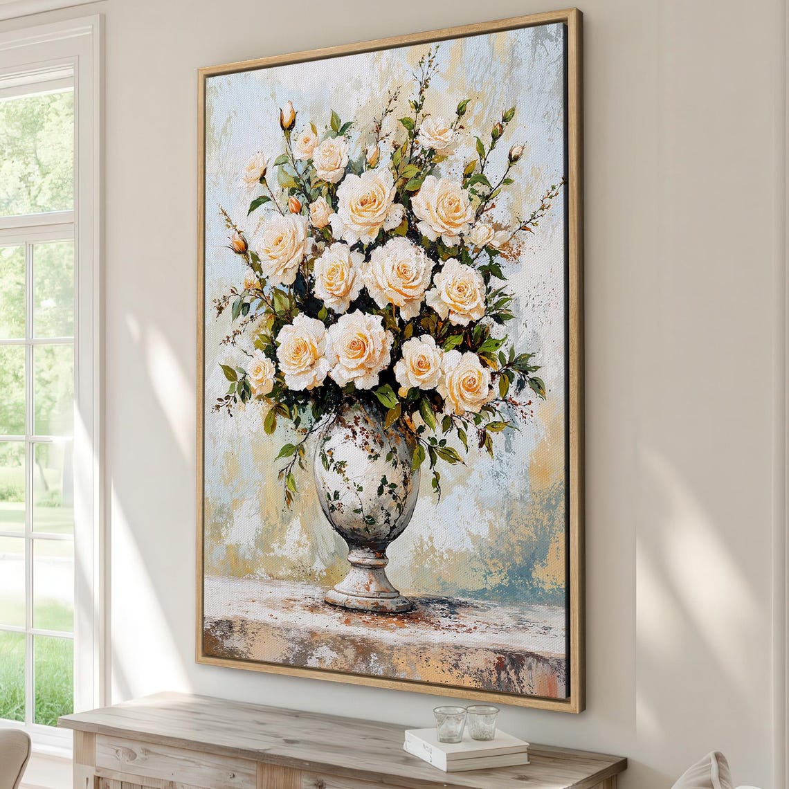 White Roses In A Rustic Vase Vintage Botanical Floral Art Poster