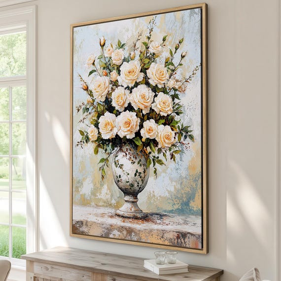 Vintage Floral Bouquet In Vase Rustic Framed Canvas Print Country Wall Art Living Room Dcor Elegant Botanical Gift For Her