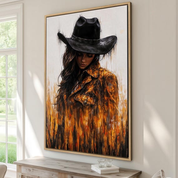Rustic Cowgirl Framed Print Western Wall Art Country Style Painting Wild West Decor Gift For Cowboys Ready To Hang