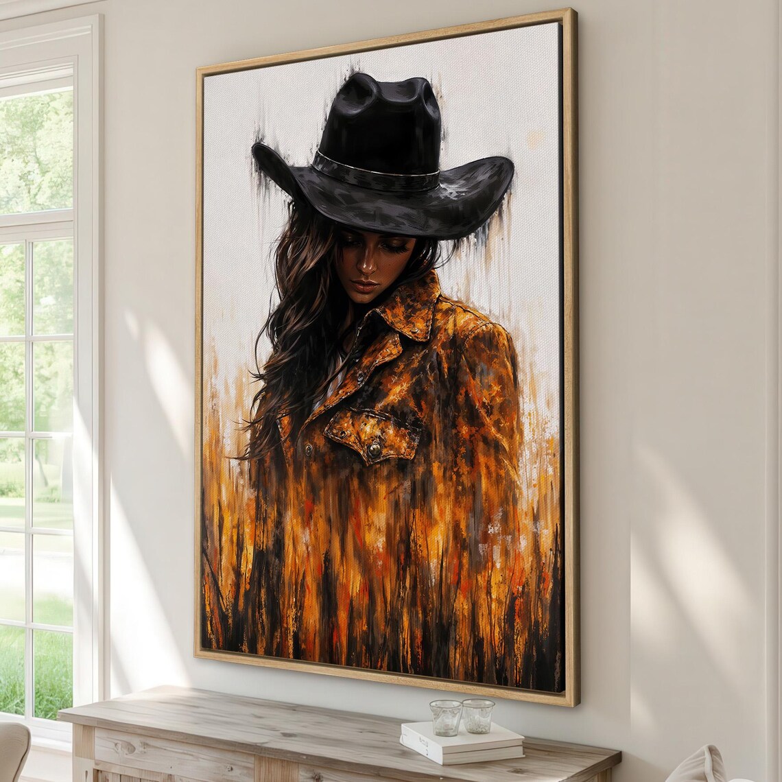 Rustic Cowgirl in Black Hat Leather Jacket Western Art Poster