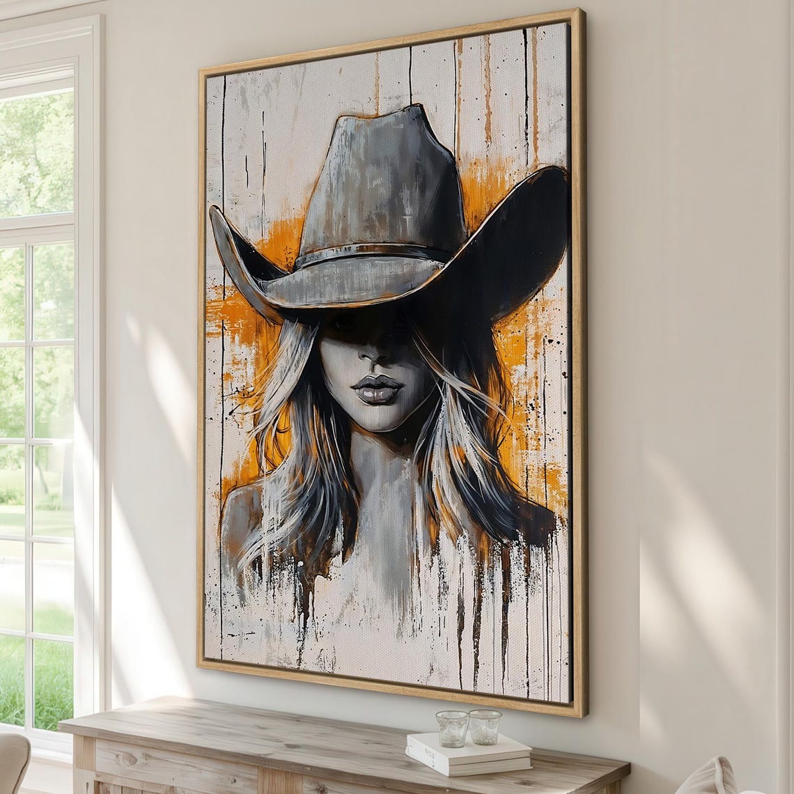 Rustic Cowgirl Art Framed Print Western Wall Art Female Portrait Painting Print Living Room Decor Ready To Hang Gift Idea