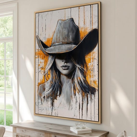 Rustic Cowgirl Art Framed Print Western Wall Art Female Portrait Painting Print Living Room Decor Ready To Hang Gift Idea