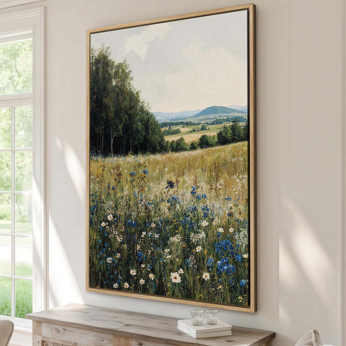 Wildflower Meadow Blue White Blossoms Birch Trees Countryside Poster