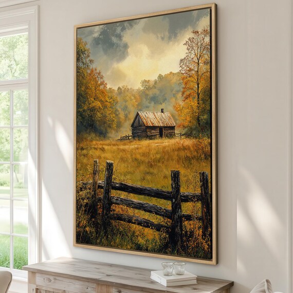 Rustic Barn In Autumn Meadow With Split Rail Fence Canvas Print