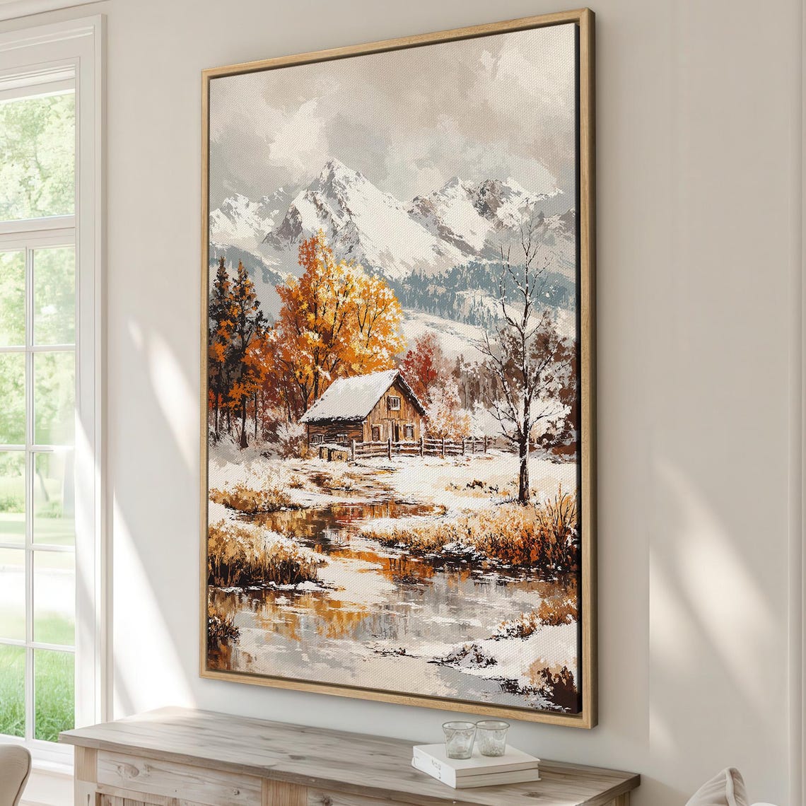 Rustic Log Cabin In Snowy Mountain Valley Winter Stream Poster