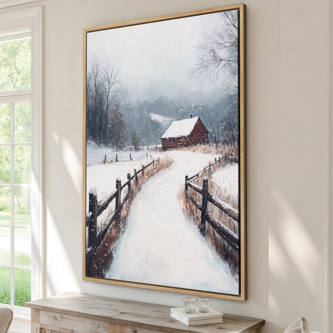 Weathered Red Barn In Falling Snow Fenced Country Road Winter Poster