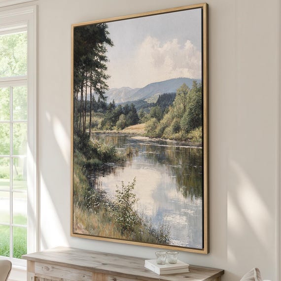 Tranquil Country Landscape Framed Canvas Print Rustic Nature Wall Art With Peaceful River Scene Bedroom Decor Gift Him