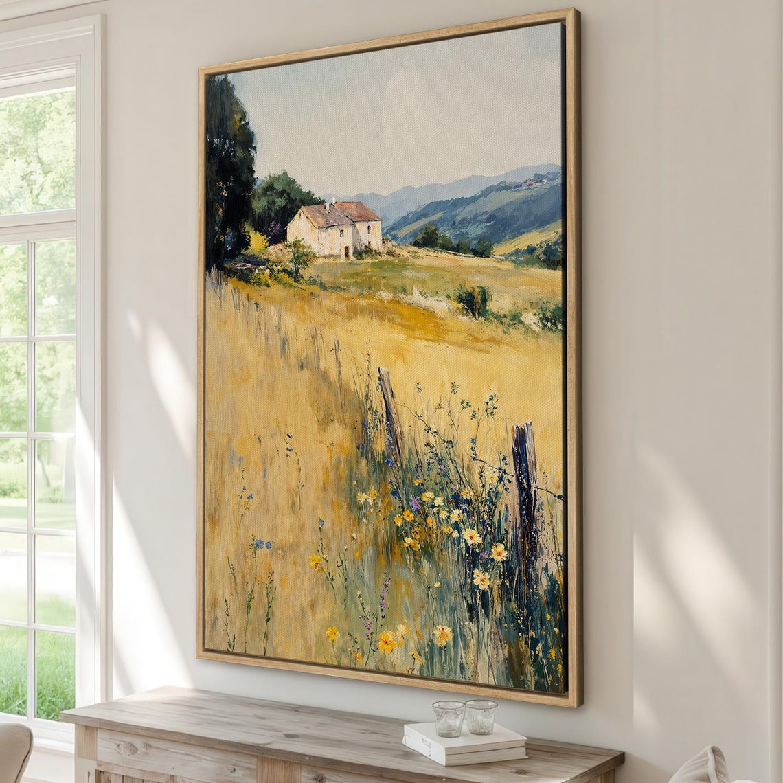 Rustic Farmhouse Golden Wheat Field Fence Wildflowers Landscape Poster