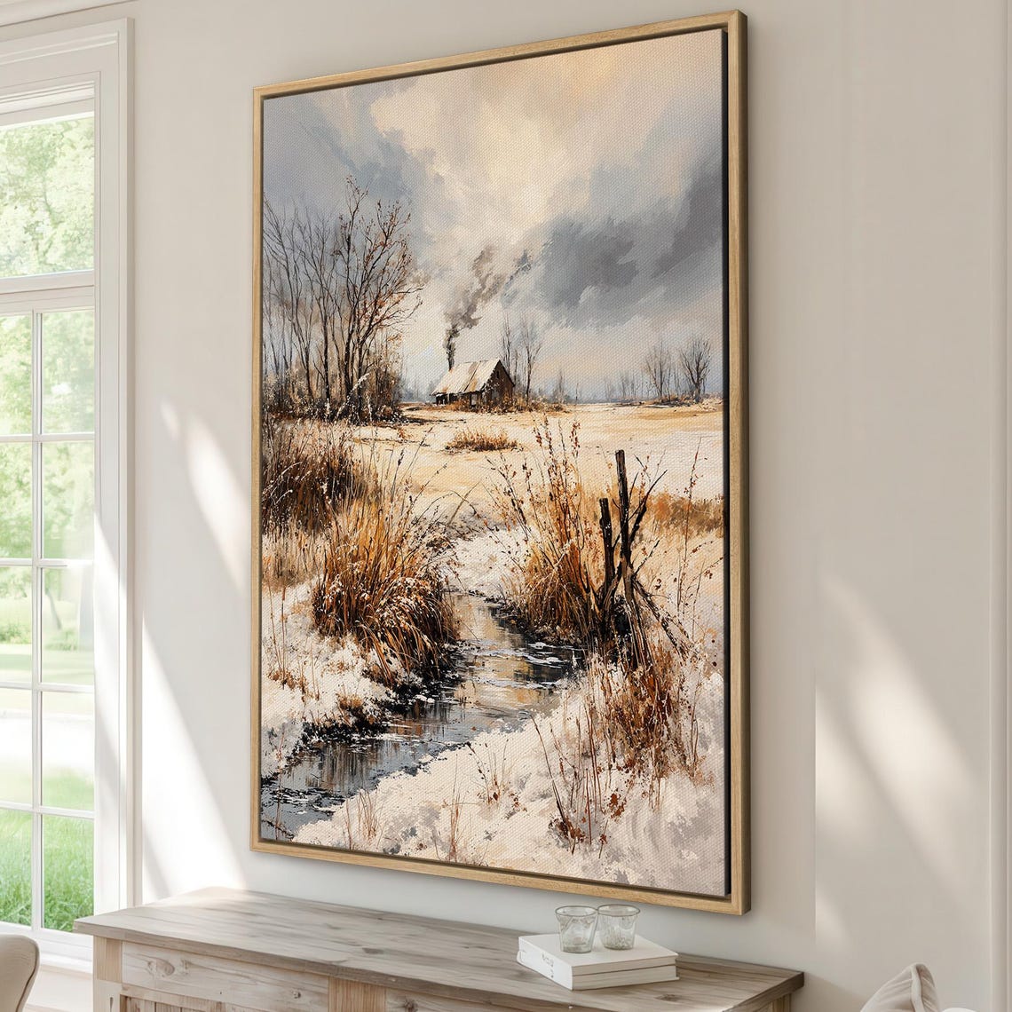 Snowy Winter Cabin By Half Frozen Stream Rustic Painting Poster