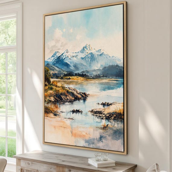 Tranquil Mountain Lake View Framed Canvas Print Serene Nature Wall Art Rustic Landscape Painting Ready To Hang Gift For Him