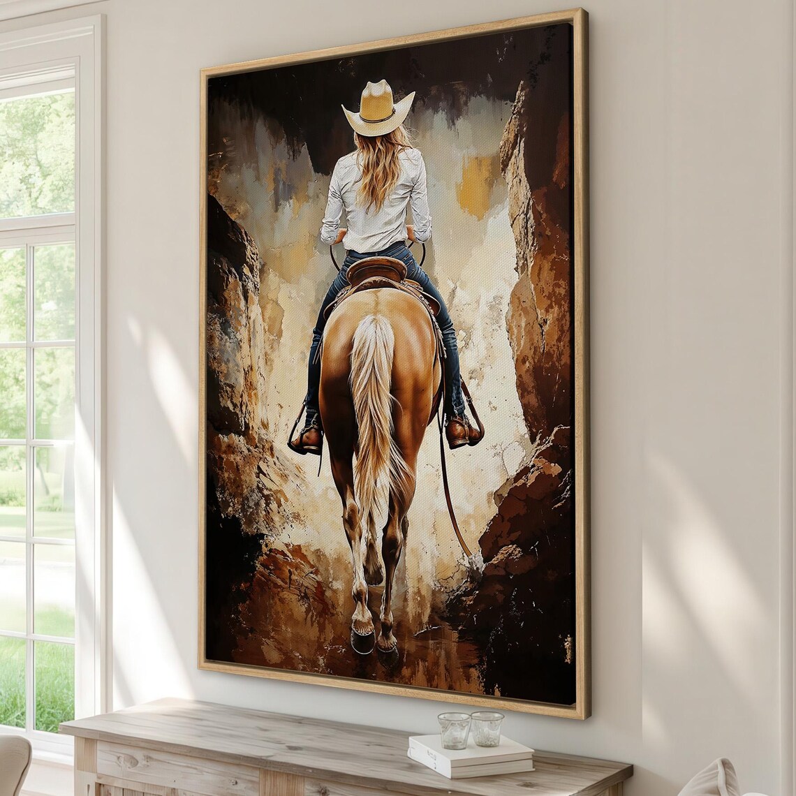 Cowgirl on Horseback in Canyon, Rustic Western Art Print