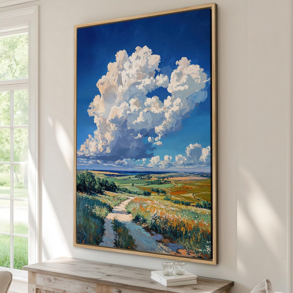 Summer Meadow Path Dramatic Cumulus Clouds Rolling Hills Poster