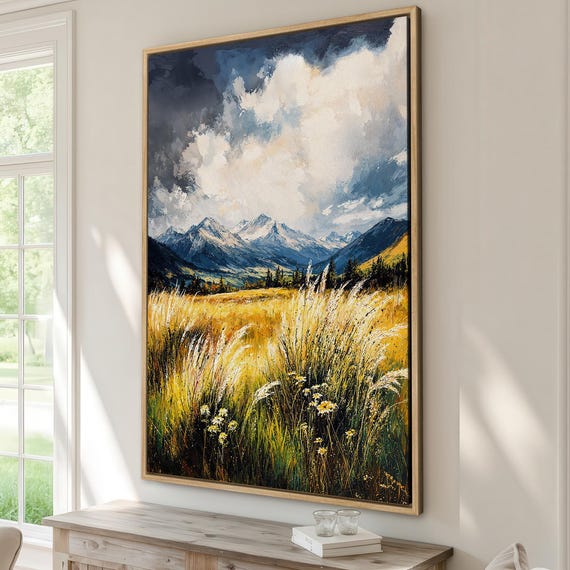 Majestic Mountain Landscape Art Rustic Framed Canvas Print Vintage Fall Painting Countryside Wall Ready To Hang Housewarming Gift