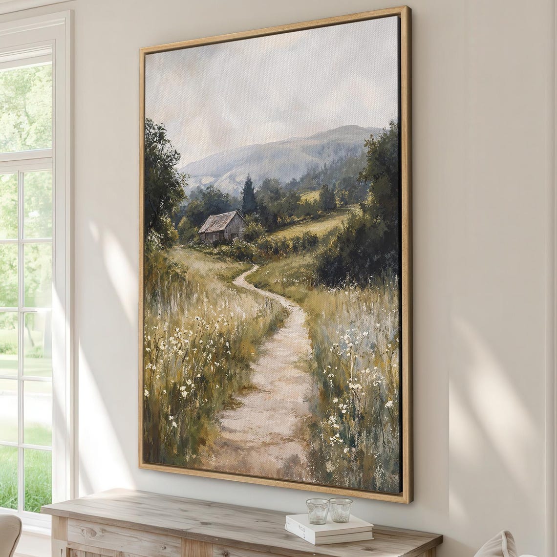 Winding Meadow Path To A Small Barn Under Misty Hills Rustic Poster
