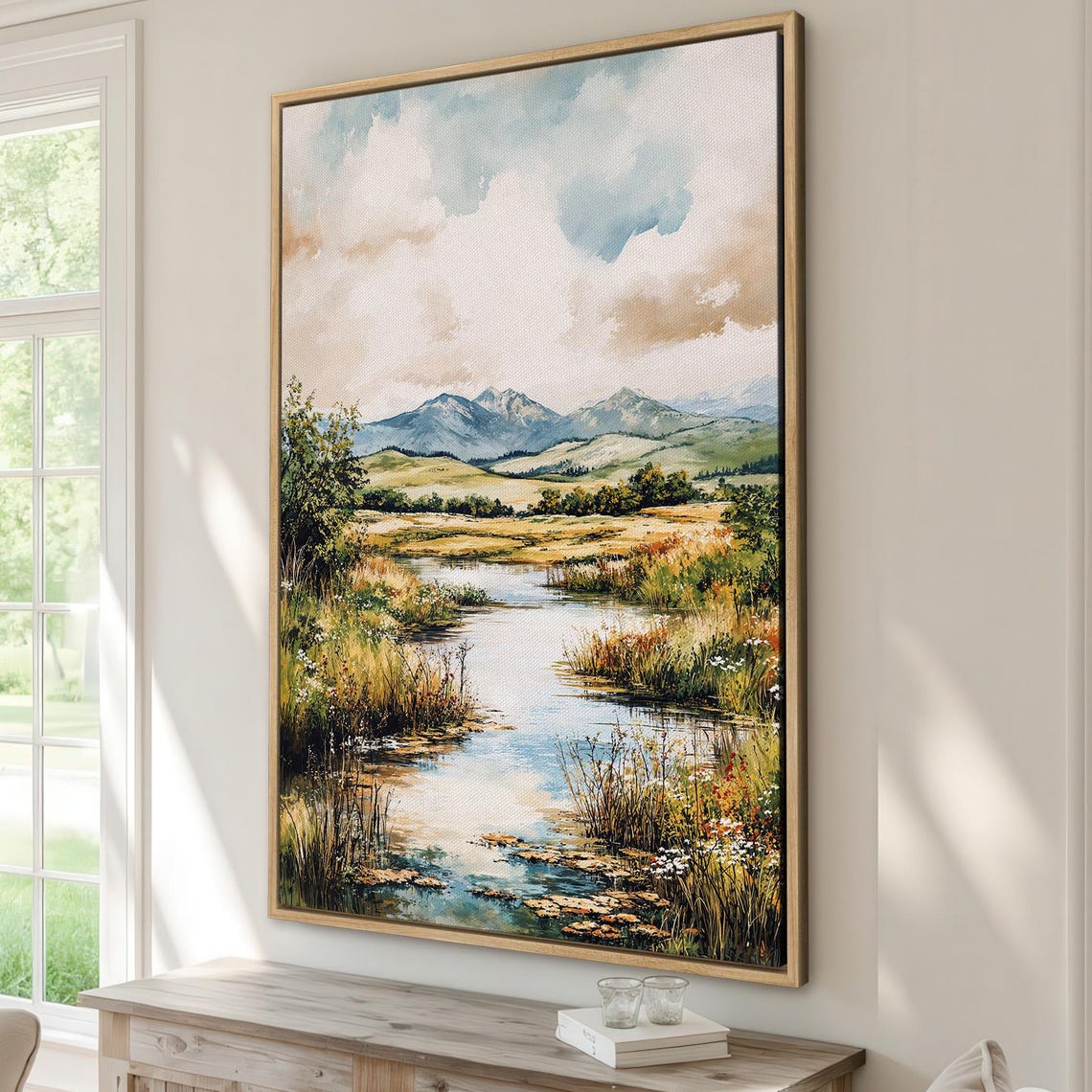 Serene Marsh River And Distant Mountain Landscape Poster Art