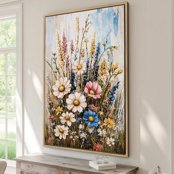 Floral Vivid Bouquet Framed Canvas Print Rustic Country Wall Art Botanical Flower Painting Spring Decor Ready To Hang Gift For Her