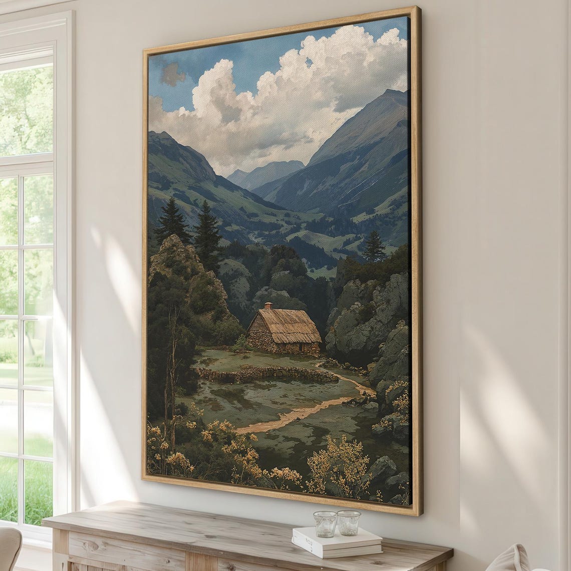 Stone Thatched Hut In A Green Mountain Valley Dramatic Clouds Poster