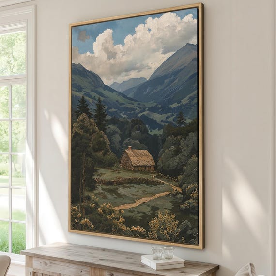 Tranquil Mountain Landscape Framed Canvas Print Rustic Wall Art Cozy Cabin Decor Scenic View Vintage Scenery Country
