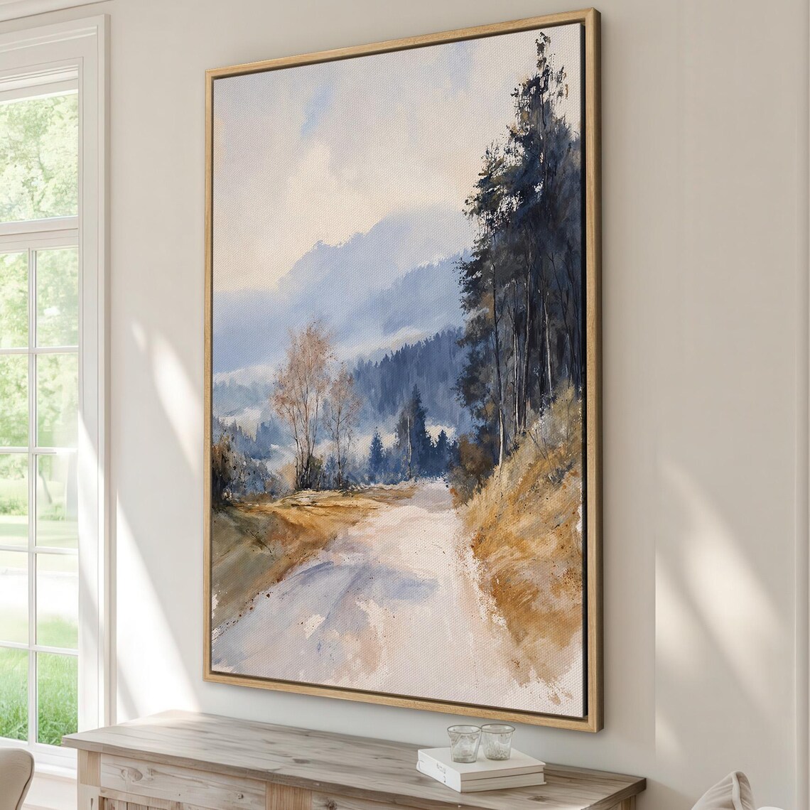 Misty Mountain Road Autumn Forest Watercolor Landscape Poster