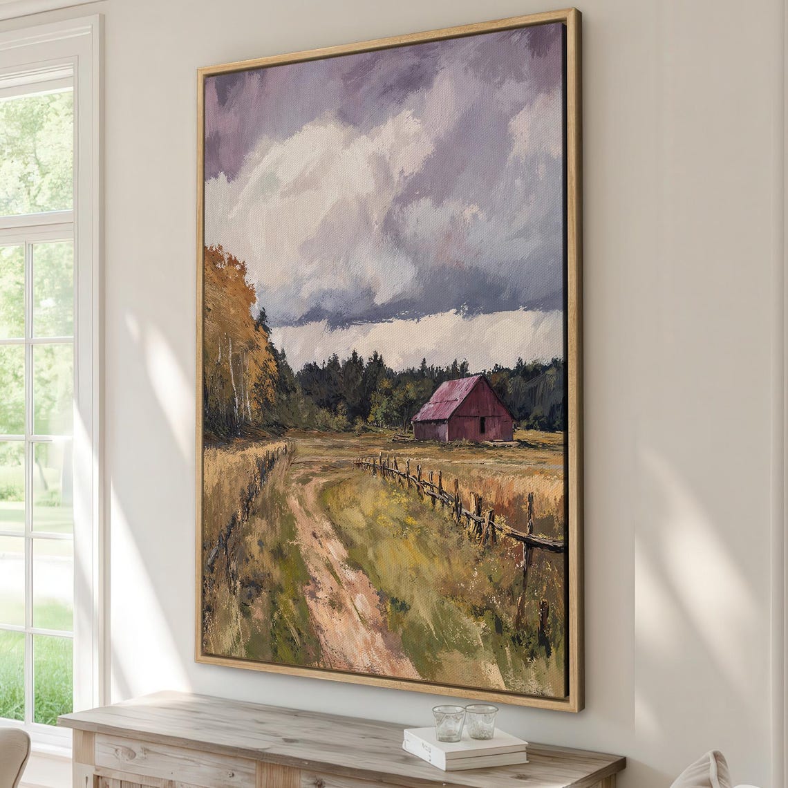 Red Barn Stormy Sky Fenced Country Road Autumn Landscape Poster