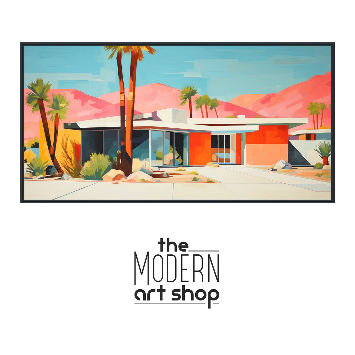 Palm Springs Retro Home Pink Mountains Palms Desert Modern Wall Art - Image 4